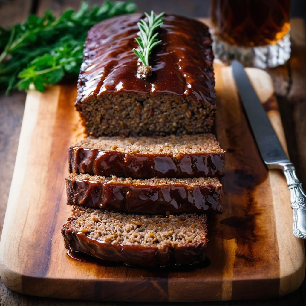 A golden-brown meatloaf with a glistening, sticky glaze served on a rustic wooden board.