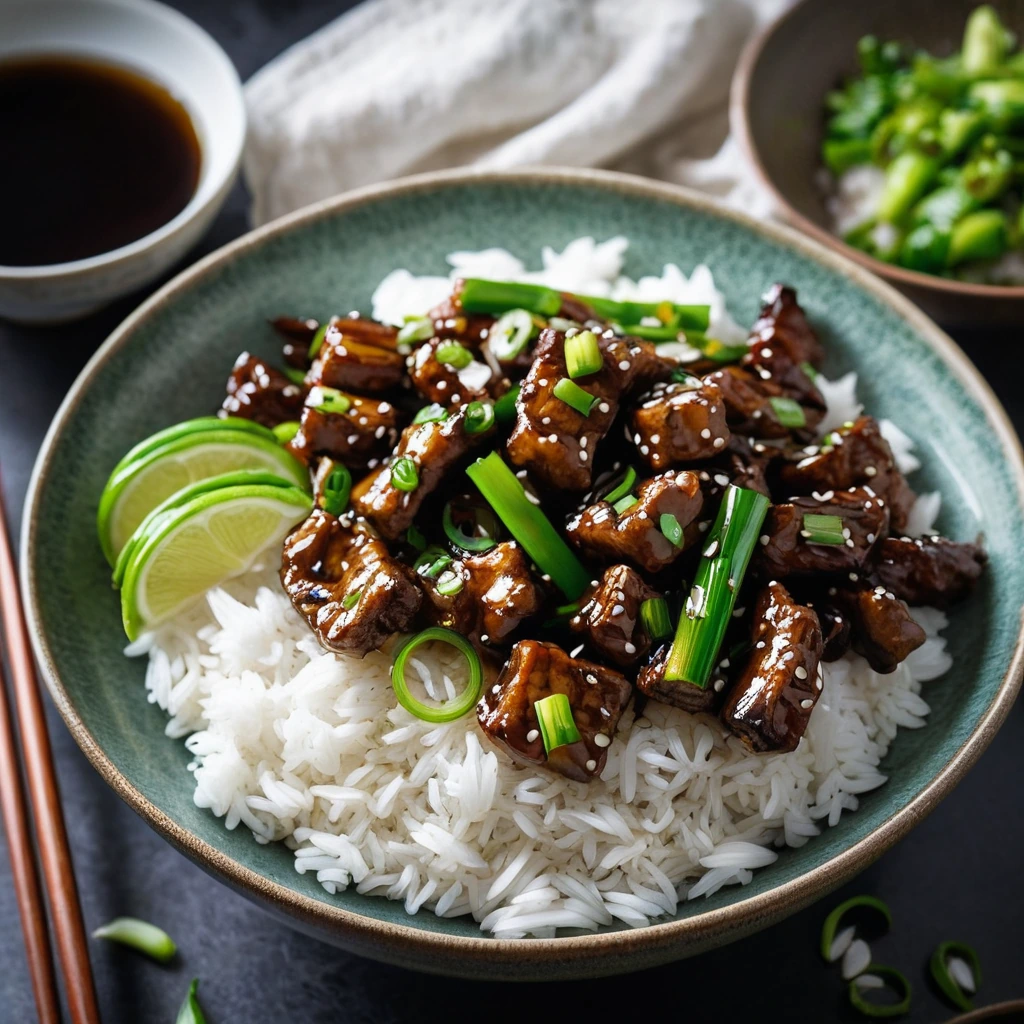 Shiny, caramelized pork strips with vibrant green scallions, served over fluffy white rice in a bowl.