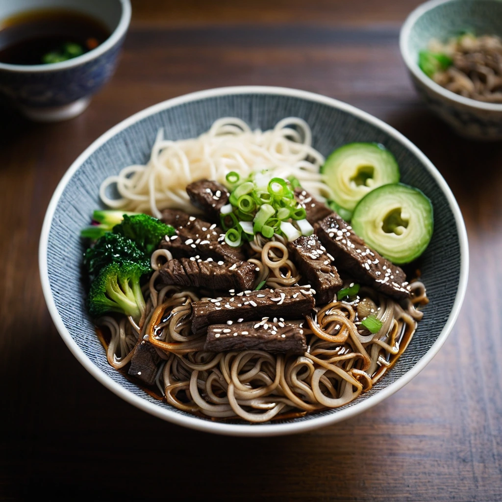 Bowl of stir-fried ramen noodles with beef, glazed with a sticky ginger sauce, topped with scallions.