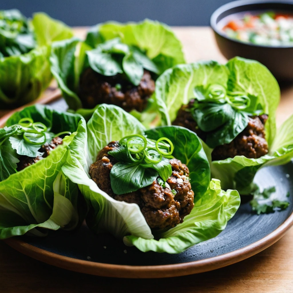 Golden brown pork meatballs nestled in green lettuce cups with a shiny ginger-garlic glaze