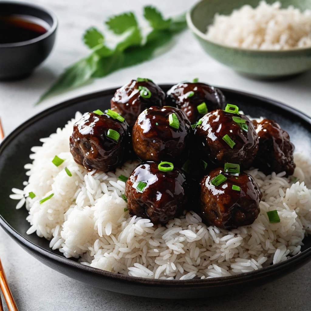 Golden-brown pork meatballs glazed with a dark, shiny sauce over a bed of fragrant jasmine rice.