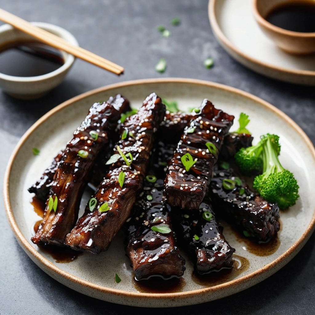 Glossy, dark-brown glazed pork rib tips on a platter with a sprinkle of sesame seeds.