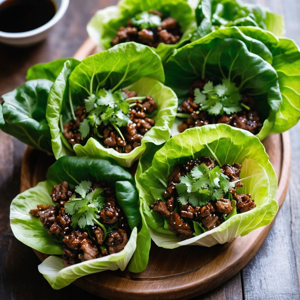 Shiny glazed pork tucked into vibrant green lettuce cups on a rustic wooden board.