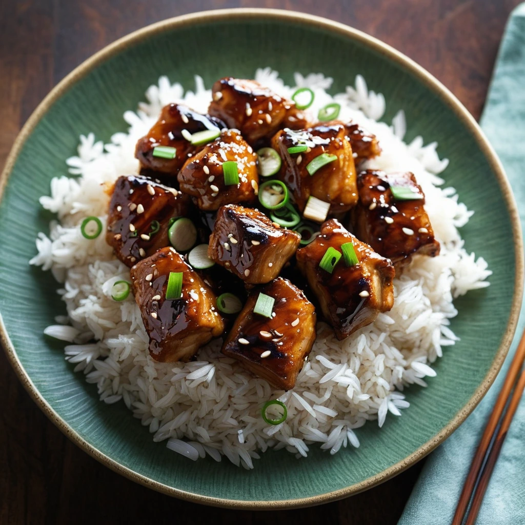 Shiny glazed chicken pieces nestled over aromatic golden rice, sprinkled with green onions.