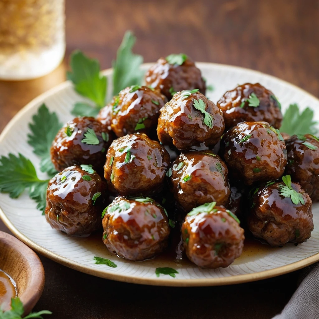 Golden brown meatballs glistening with a golden honey glaze, arranged on a platter with fresh parsley scattered on top.