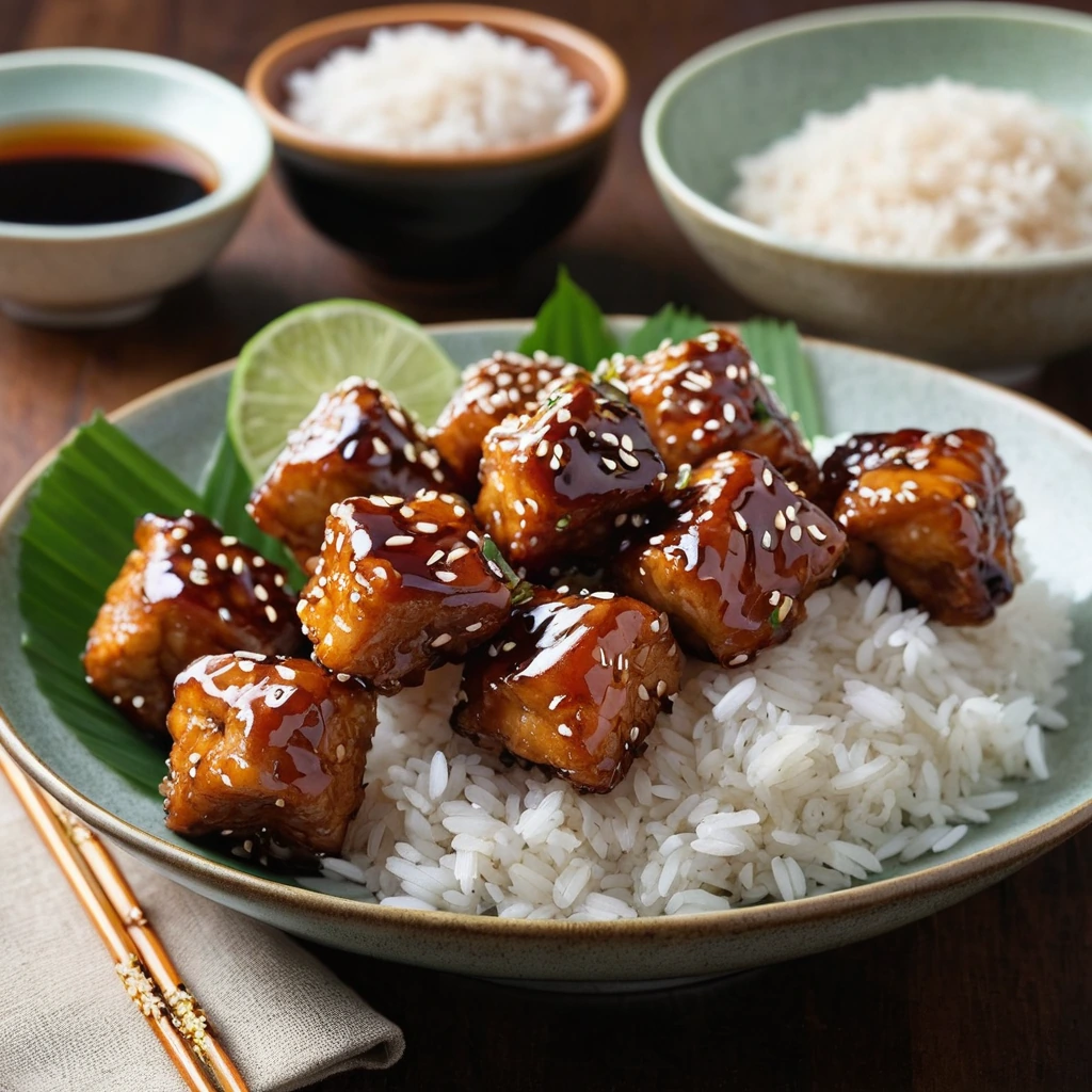 Golden chicken bites with sesame seeds over fragrant jasmine rice, drizzled with a glossy honey glaze.