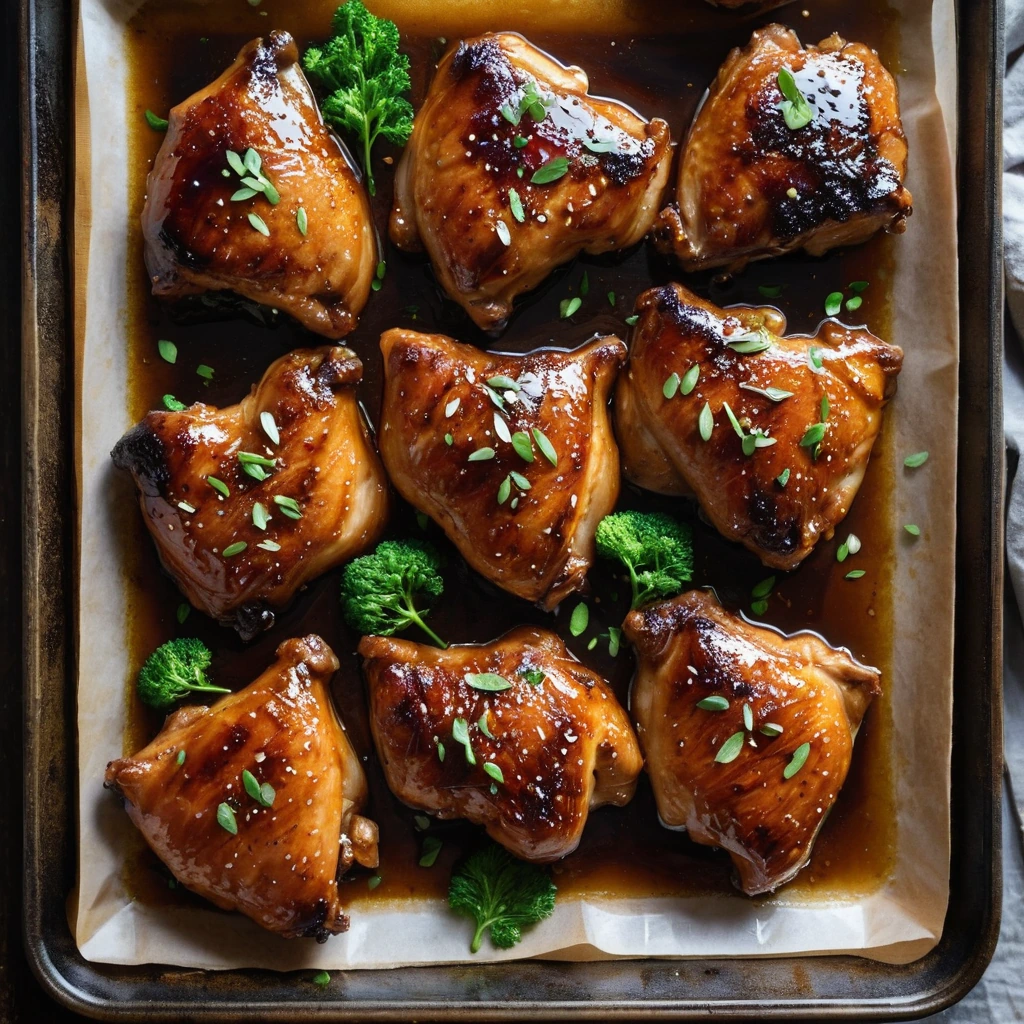 Golden brown chicken thighs on a sheet pan, glazed with a shiny honey-soy sauce, served on a rustic wooden board.