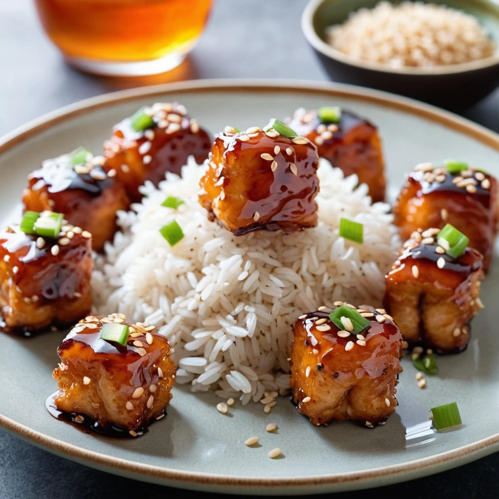 Golden chicken bites glistening with orange sauce over a bed of aromatic sesame rice in a white plate.