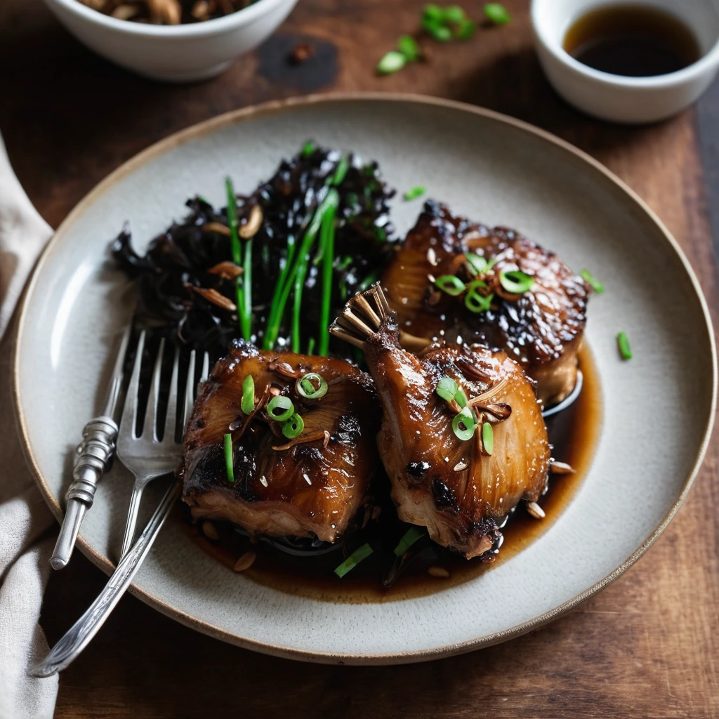 Chicken thighs glazed with a golden-brown sauce, garnished with crispy shallots on a rustic wooden board.