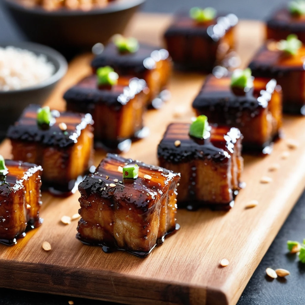 Golden brown pork belly cubes coated in a shiny glaze, arranged on a rustic wooden board with a sprinkle of sesame seeds.