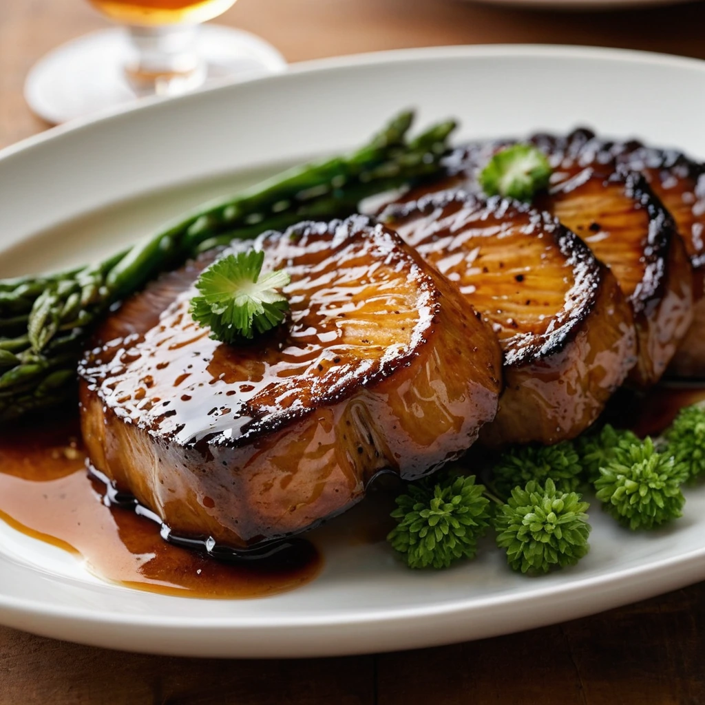 Four golden-brown pork chops on a plate, coated in a glossy orange glaze, garnished with fresh parsley.