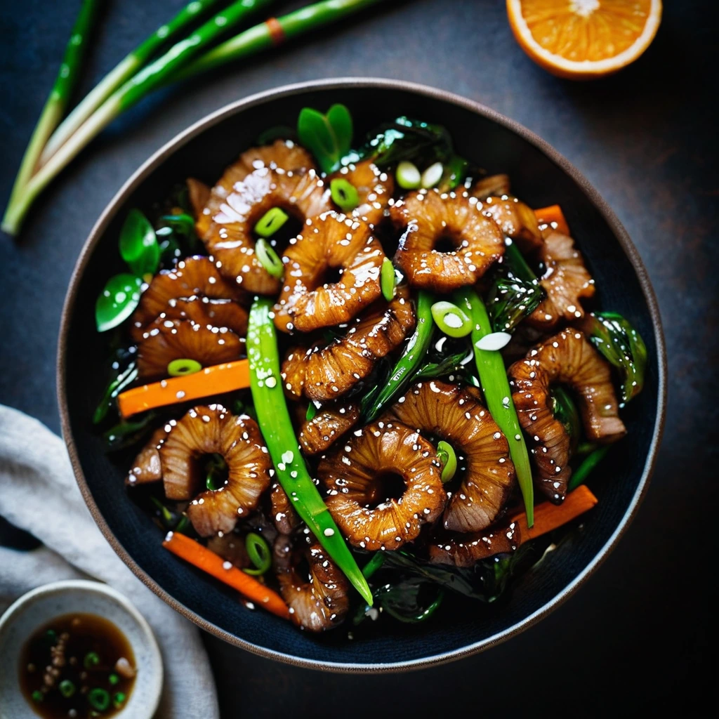 Glossy orange-coated pork slices with vibrant green scallions in a sizzling wok