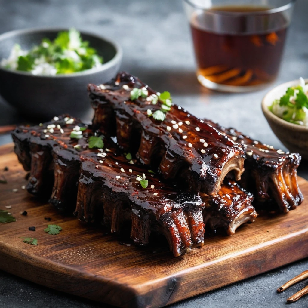 Glossy, caramel-colored ribs with a sprinkle of sesame seeds on a rustic wooden board.