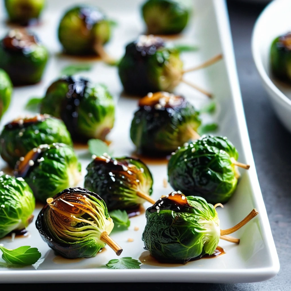 golden brown brussels sprouts bites glistening with dark teriyaki glaze on a white plate with fresh green garnish
