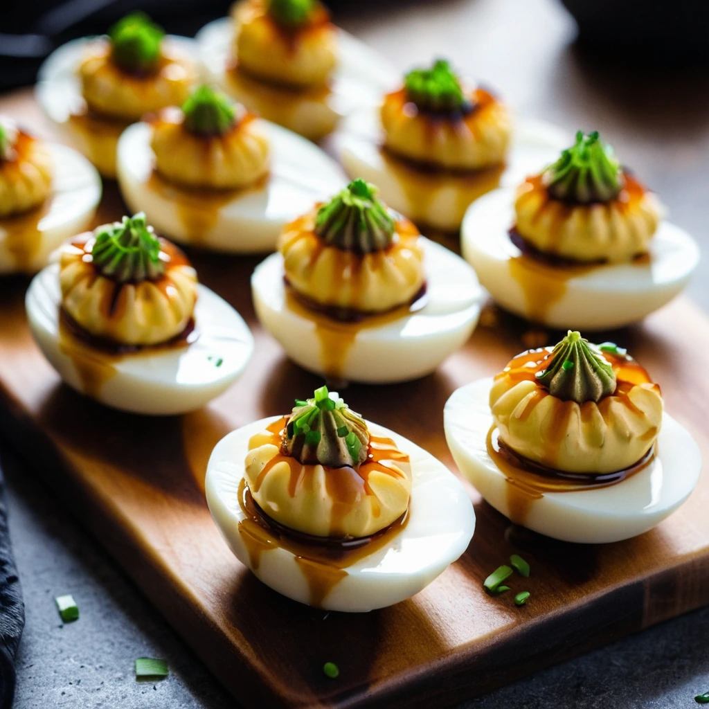 A dozen halved deviled eggs with golden yolks and a glossy teriyaki glaze, arranged on a rustic wooden board.