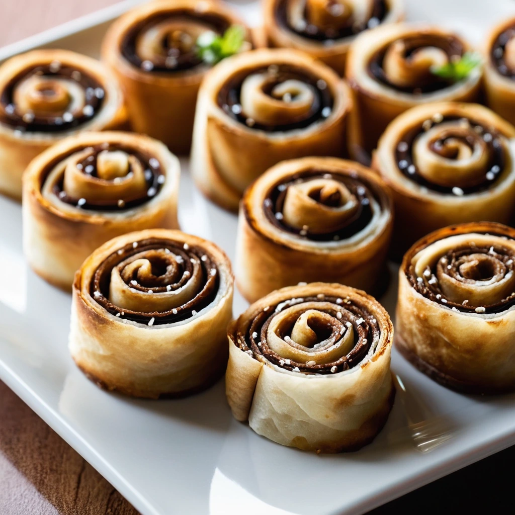 Golden brown pinwheel appetizers with a glossy teriyaki sheen, arranged on a platter.