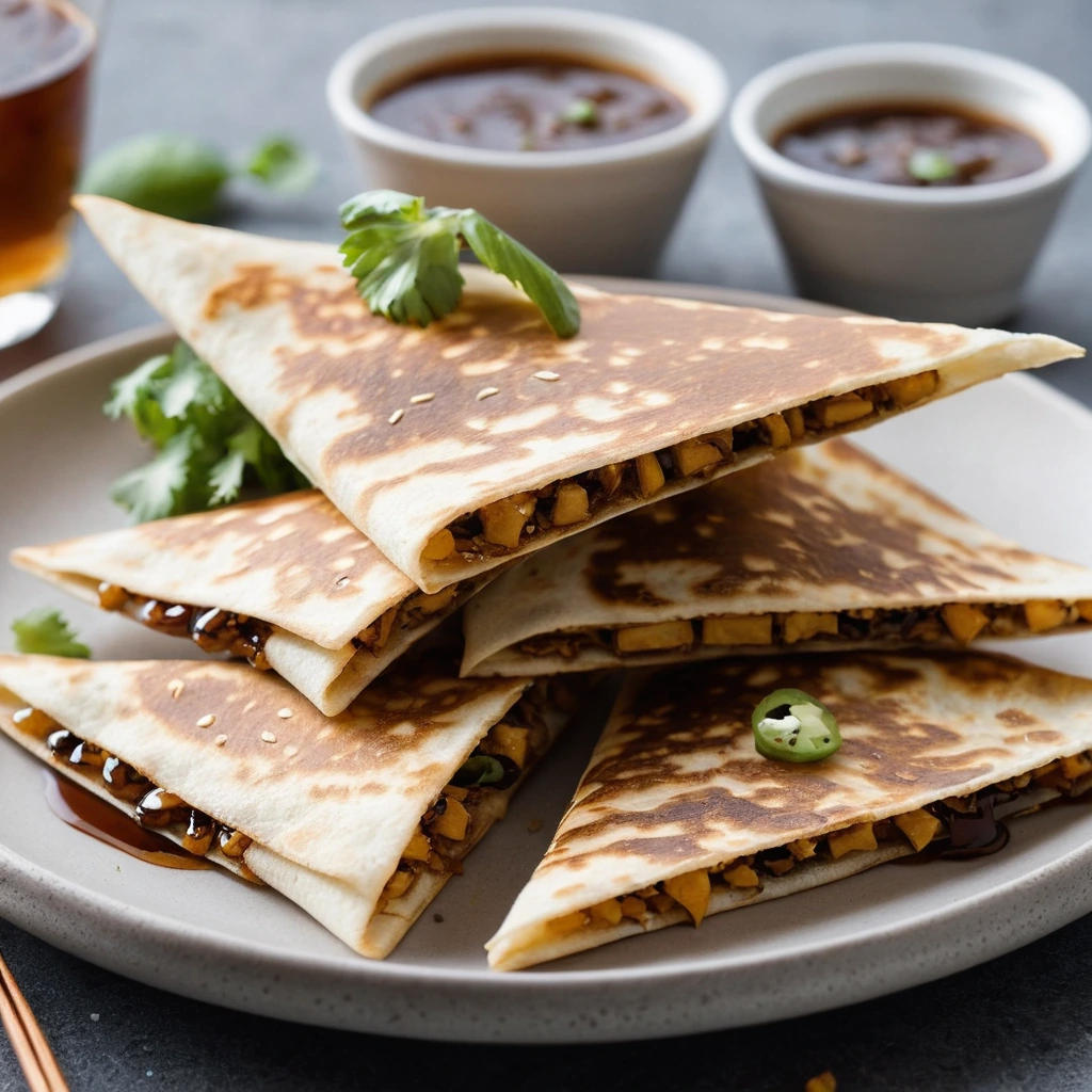 golden quesadilla wedges drizzled with glossy brown teriyaki sauce, sprinkled with sesame seeds on a white plate