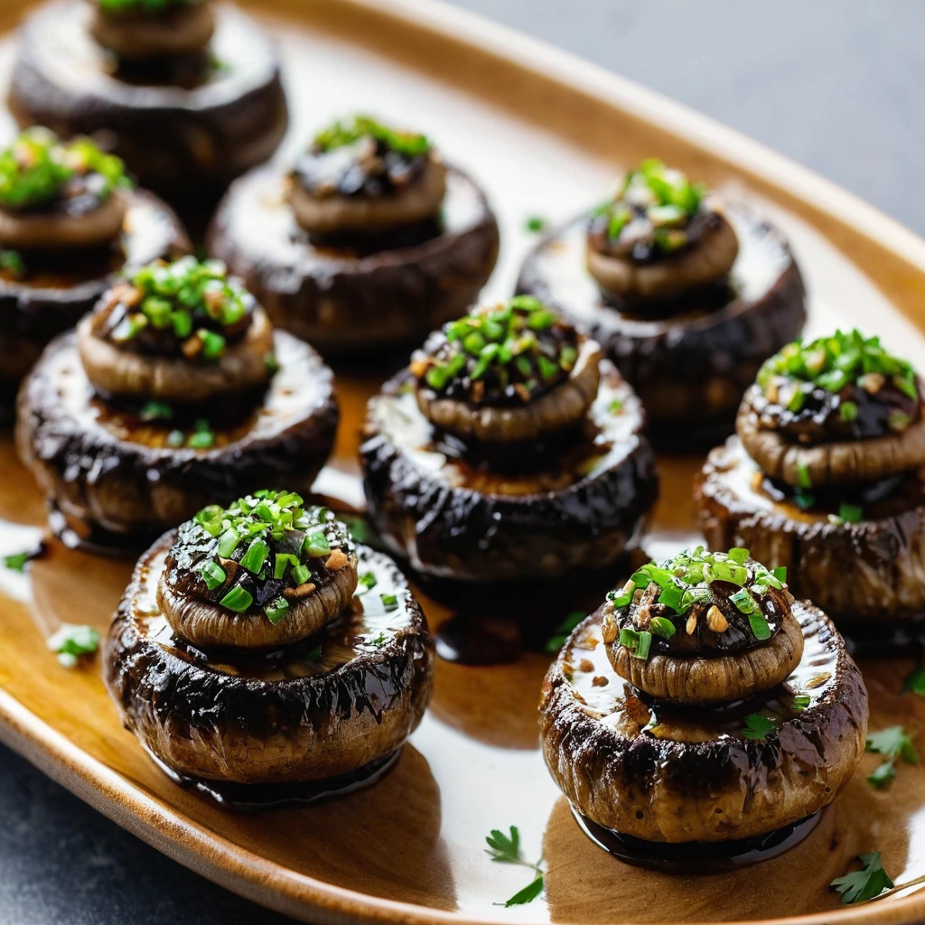 Golden brown mushrooms stuffed with a glossy teriyaki filling arranged on a serving platter.