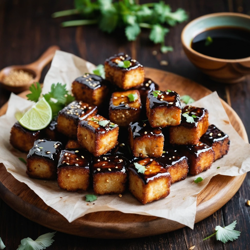Golden tofu nuggets glistening with a dark, glossy teriyaki sauce on a rustic wooden board.