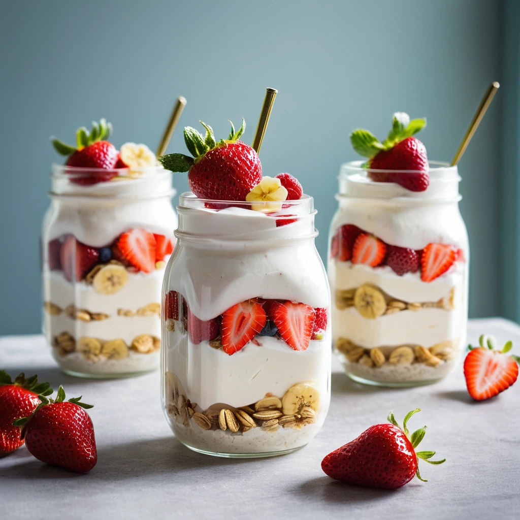 Glass jars filled with layers of creamy white yogurt, sliced strawberries, and banana pieces.