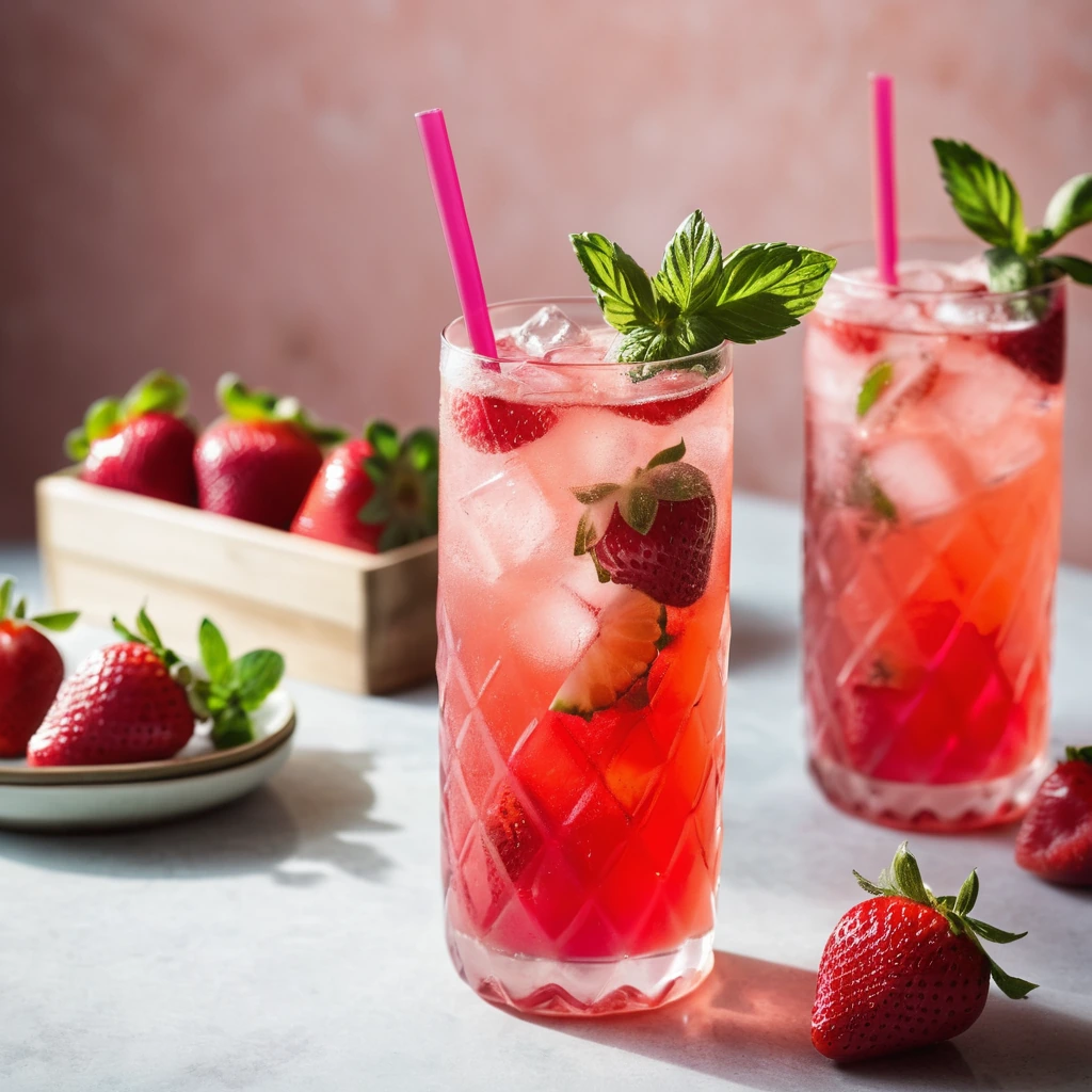 A tall glass filled with a vibrant pink drink, garnished with a strawberry and basil leaves, with ice cubes visible.