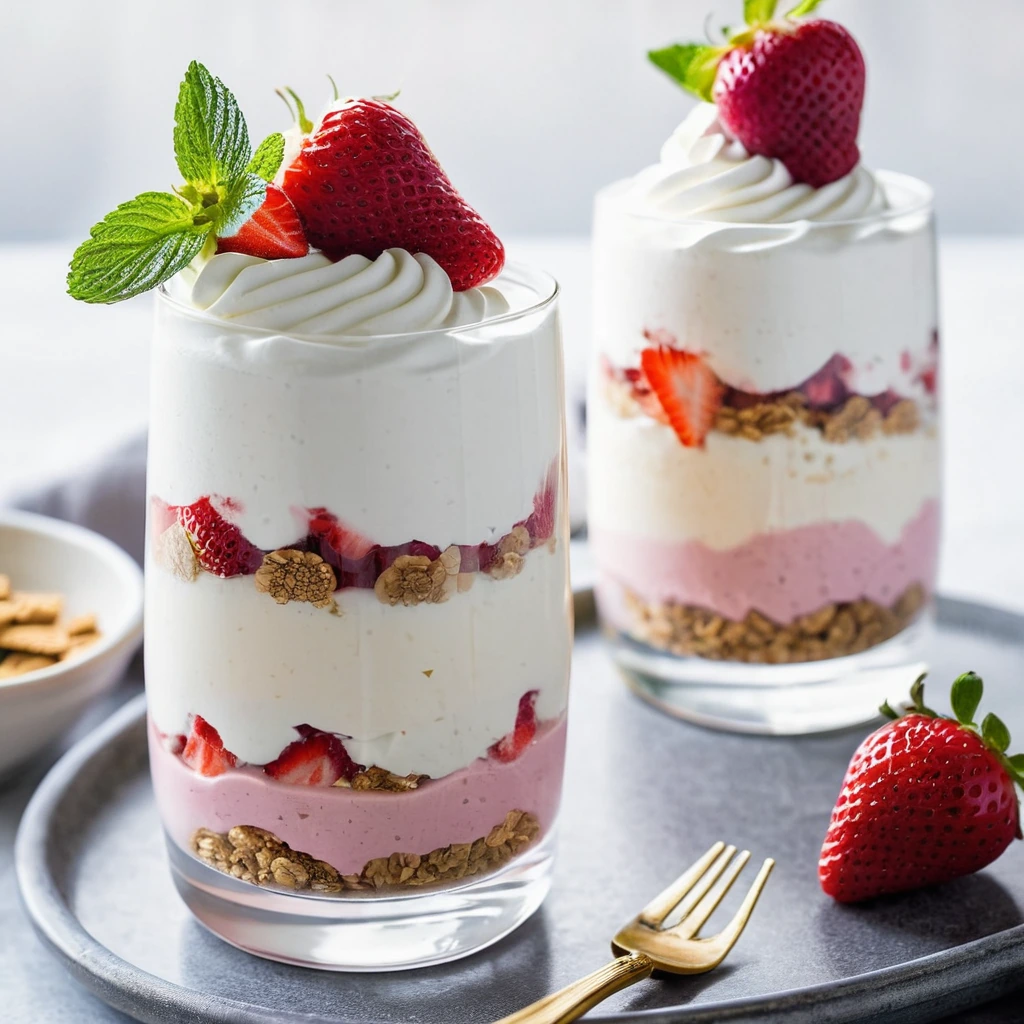 Layers of white Greek yogurt, pink strawberry compote, and golden graham cracker crumbs in clear glasses