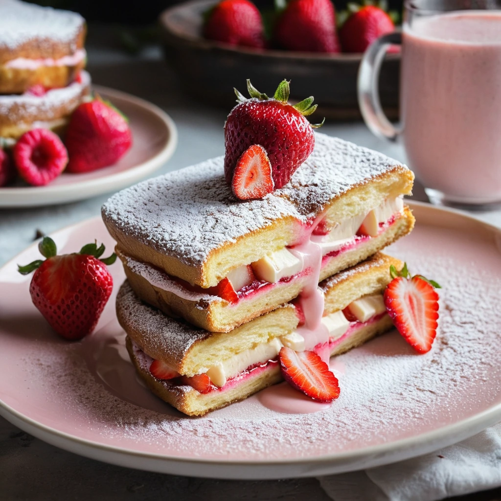Golden brown slices of French toast stuffed with pink strawberry cheesecake served on a plate with powdered sugar dusted on top.