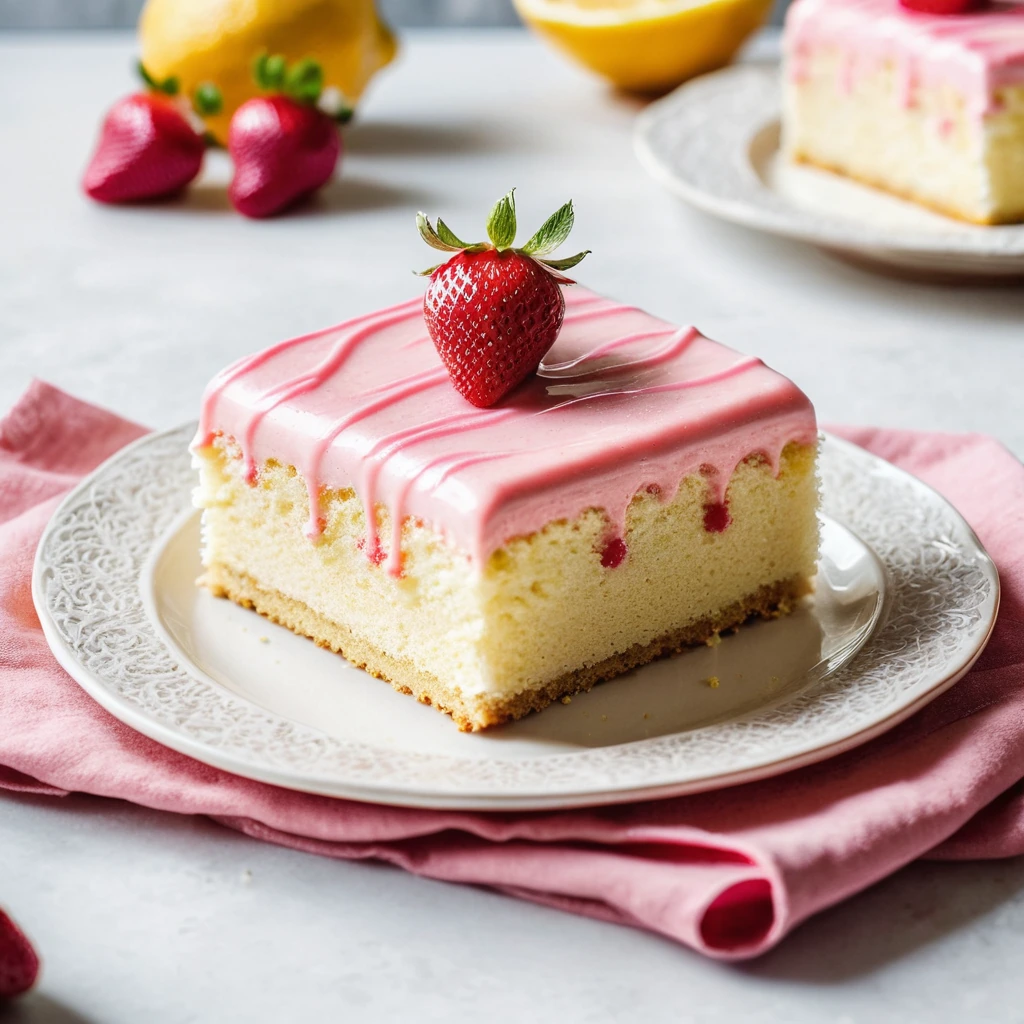 Golden sheet cake with pink swirls, topped with a glossy strawberry glaze and lemon zest.