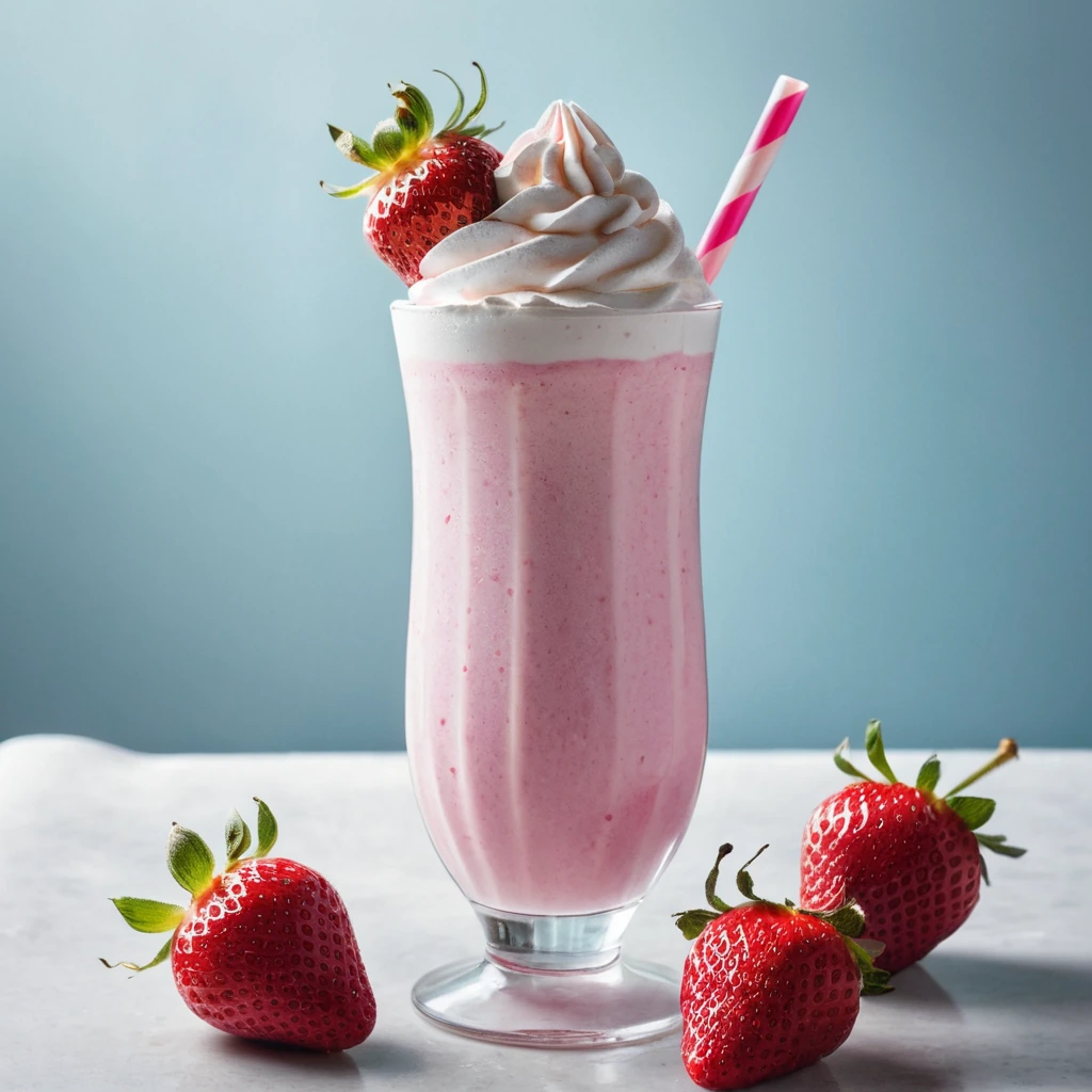 A tall glass filled with a thick, pink strawberry milkshake topped with whipped cream and a cherry.