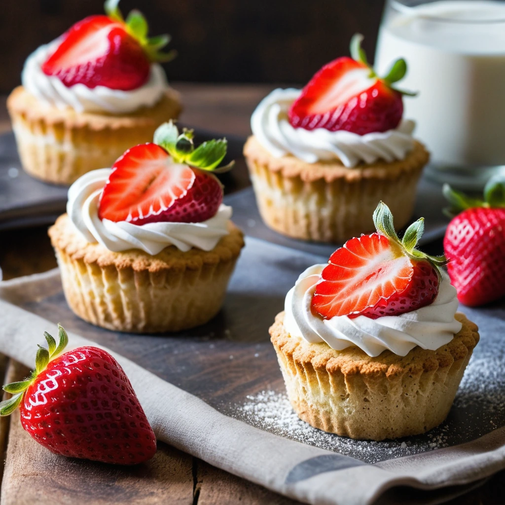 Golden biscuit cups filled with fresh strawberries and white whipped cream on a rustic wooden plate.
