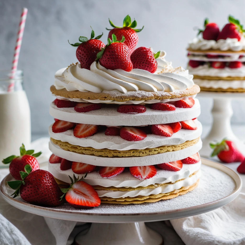 Layers of vanilla wafers and sliced strawberries enveloped in fluffy whipped cream in a cake dish.