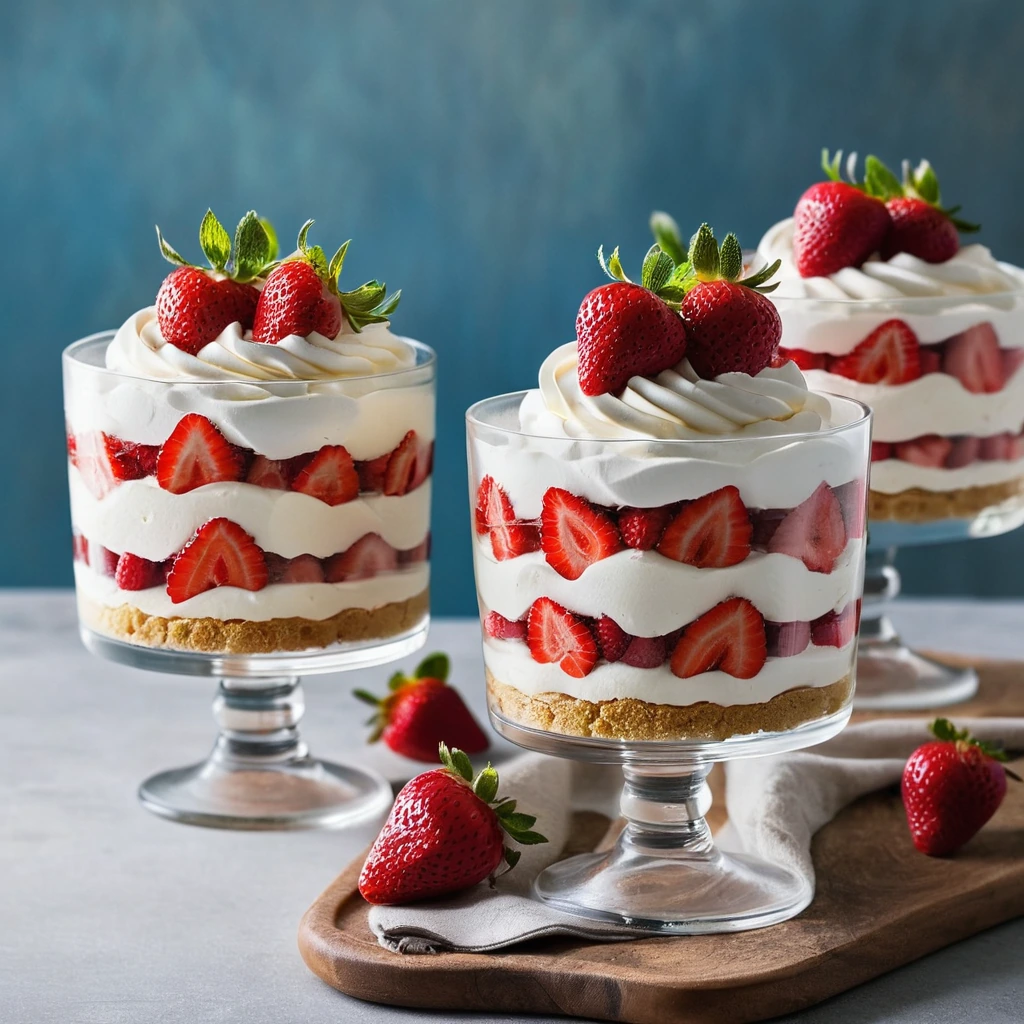 Individual dessert cups with layers of golden sponge cake, vibrant red strawberries, and fluffy white whipped cream.