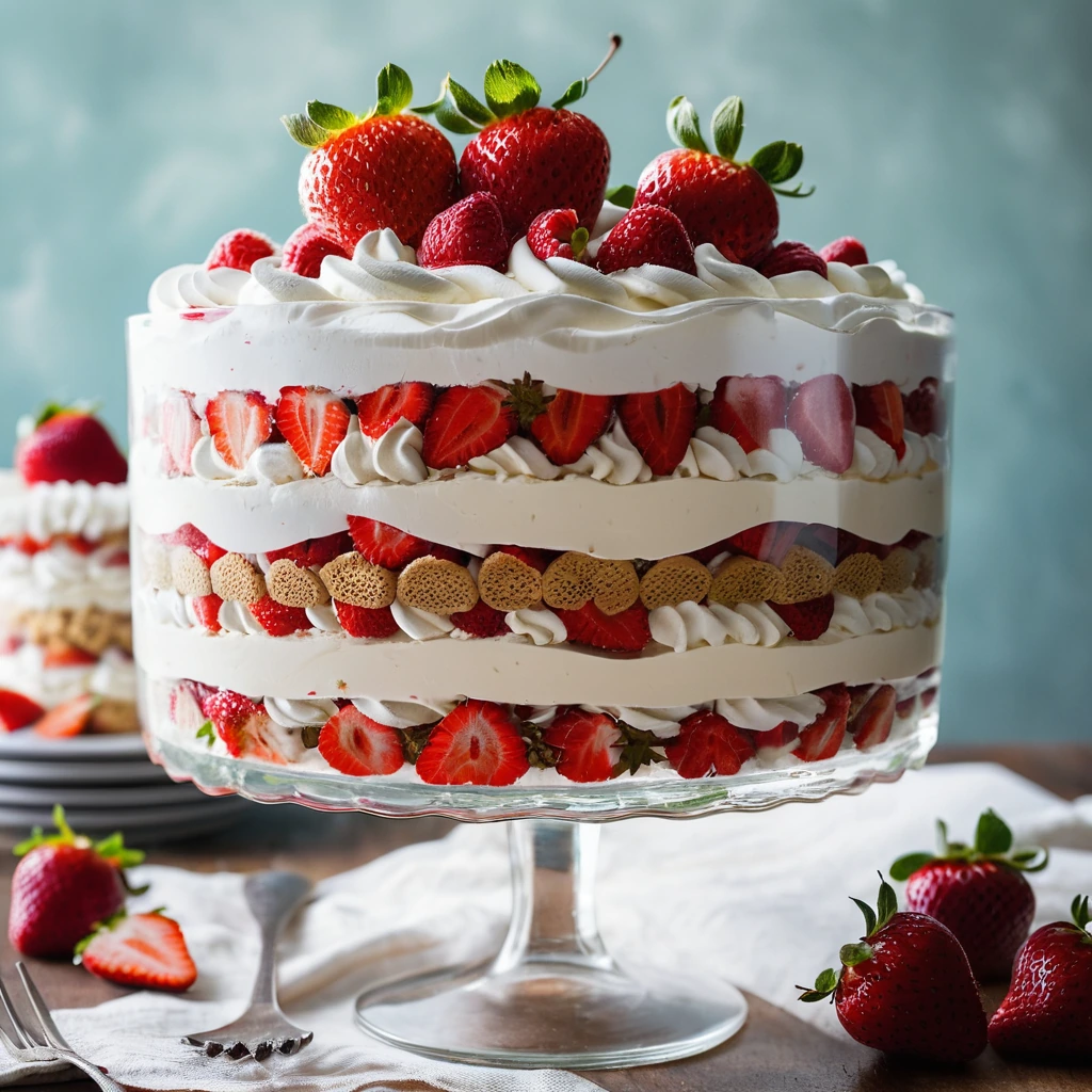 A clear glass trifle bowl filled with layers of white cake, red strawberries, and fluffy white whipped cream.