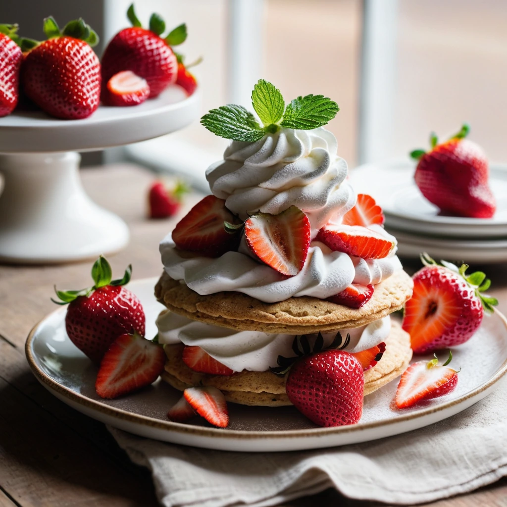 Stacked shortcakes with sliced strawberries and fluffy whipped cream on a rustic plate.