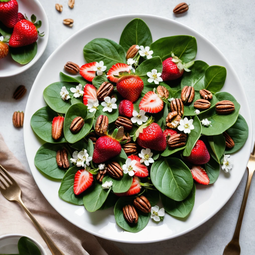 Colorful salad with fresh strawberries, spinach leaves, and golden candied pecans on a white plate.