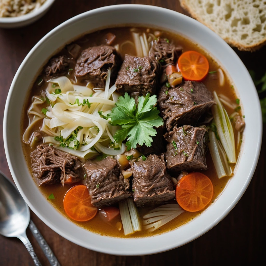 Bowl of rich beef soup with shredded cabbage and tomato chunks