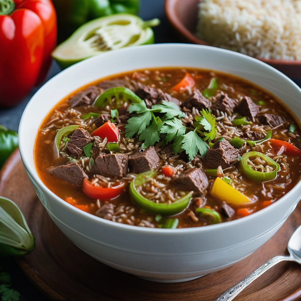 Steamy bowl of beef and rice soup with diced tomatoes and green bell pepper slices