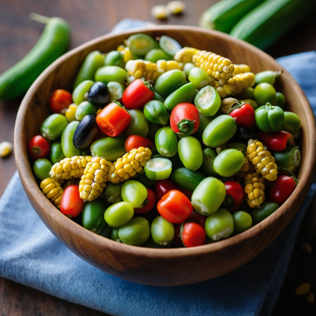 Succotash in a rustic wooden bowl with kernels of yellow corn, green lima beans, and diced red bell peppers.