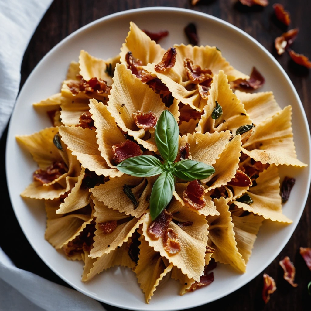 Golden farfalle pasta in a vibrant red sauce with crispy bacon pieces and slivers of sun-dried tomatoes on a white plate.
