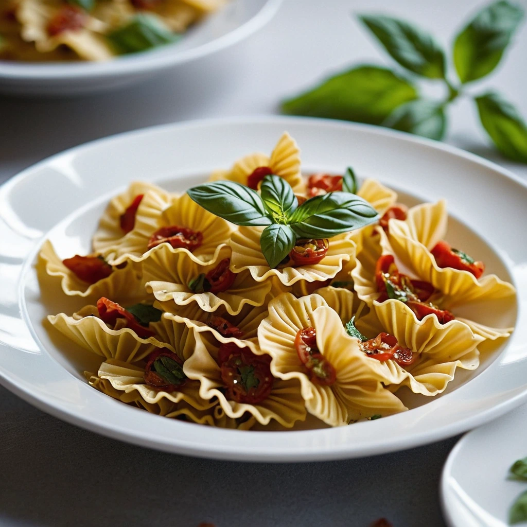 Golden farfalle pasta in a vibrant red sauce, scattered with fresh green basil leaves on a white plate.