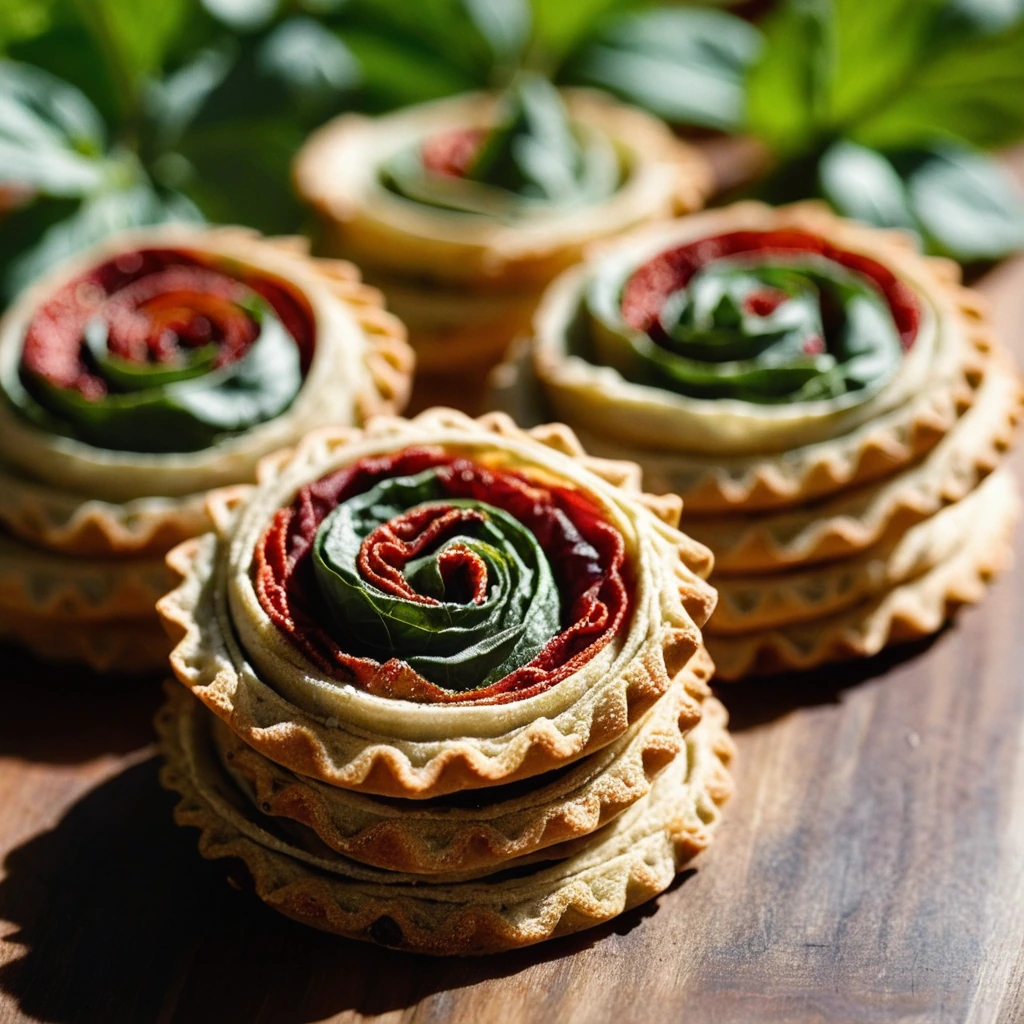 Golden crescent-shaped pastries with flecks of green basil and red sun-dried tomatoes, arranged on a rustic wooden board.