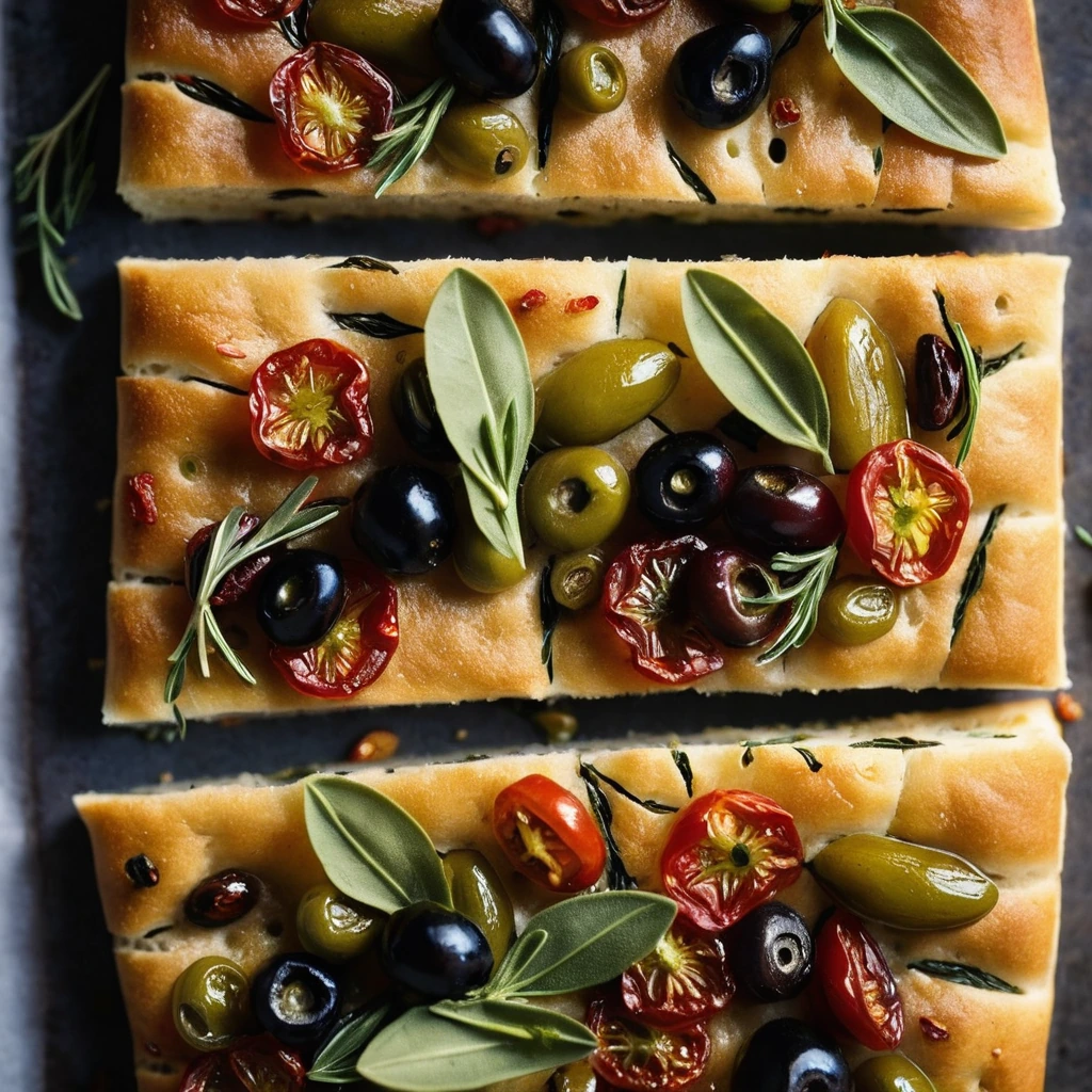 Golden brown focaccia slabs topped with vibrant sun-dried tomatoes and green olives, drizzled with olive oil.
