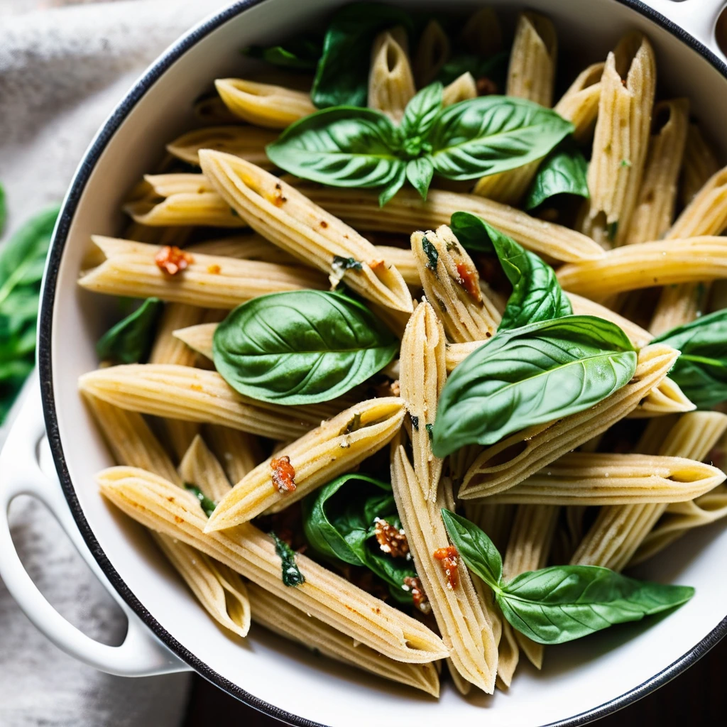 Penne pasta in a creamy sauce with sun-dried tomatoes and spinach served in a rustic bowl.