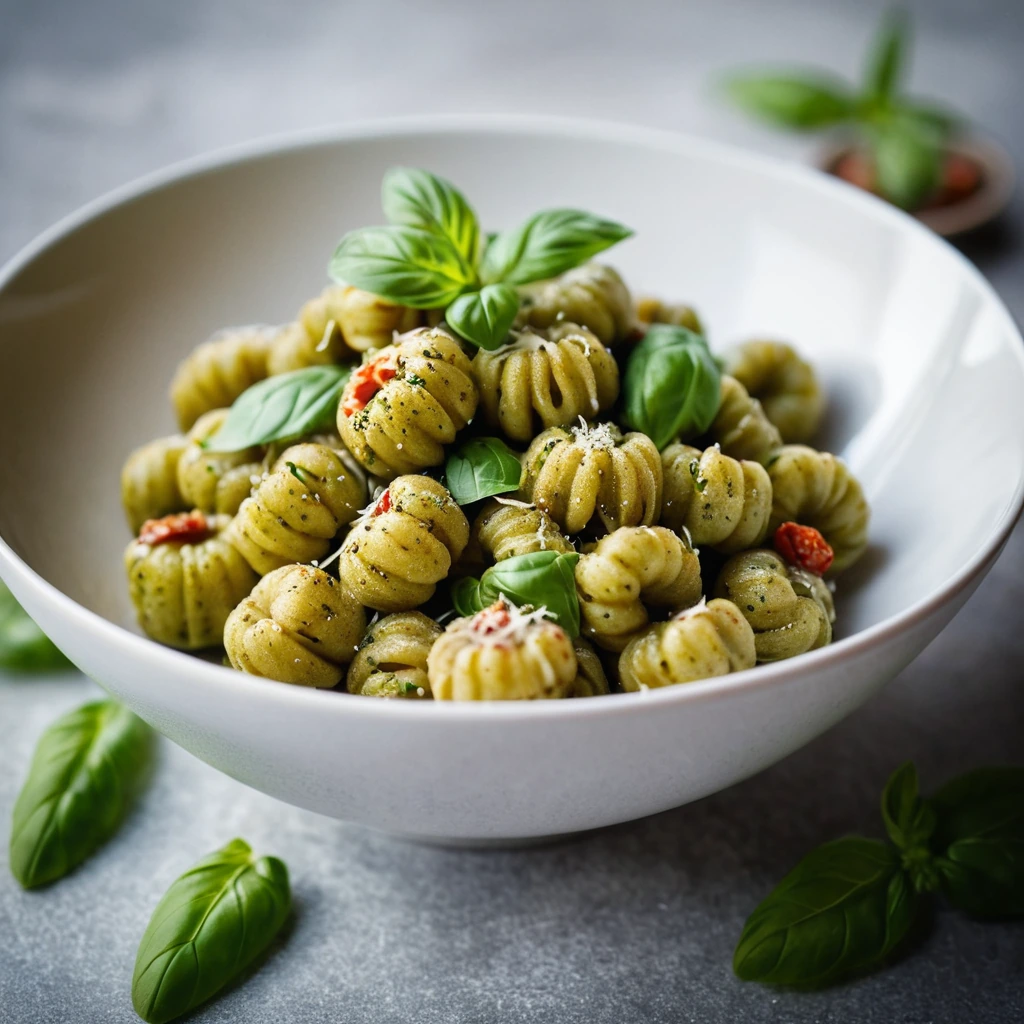 Pillow-soft gnocchi in a bright green pesto sauce with sun-dried tomato flecks served in a shallow bowl.