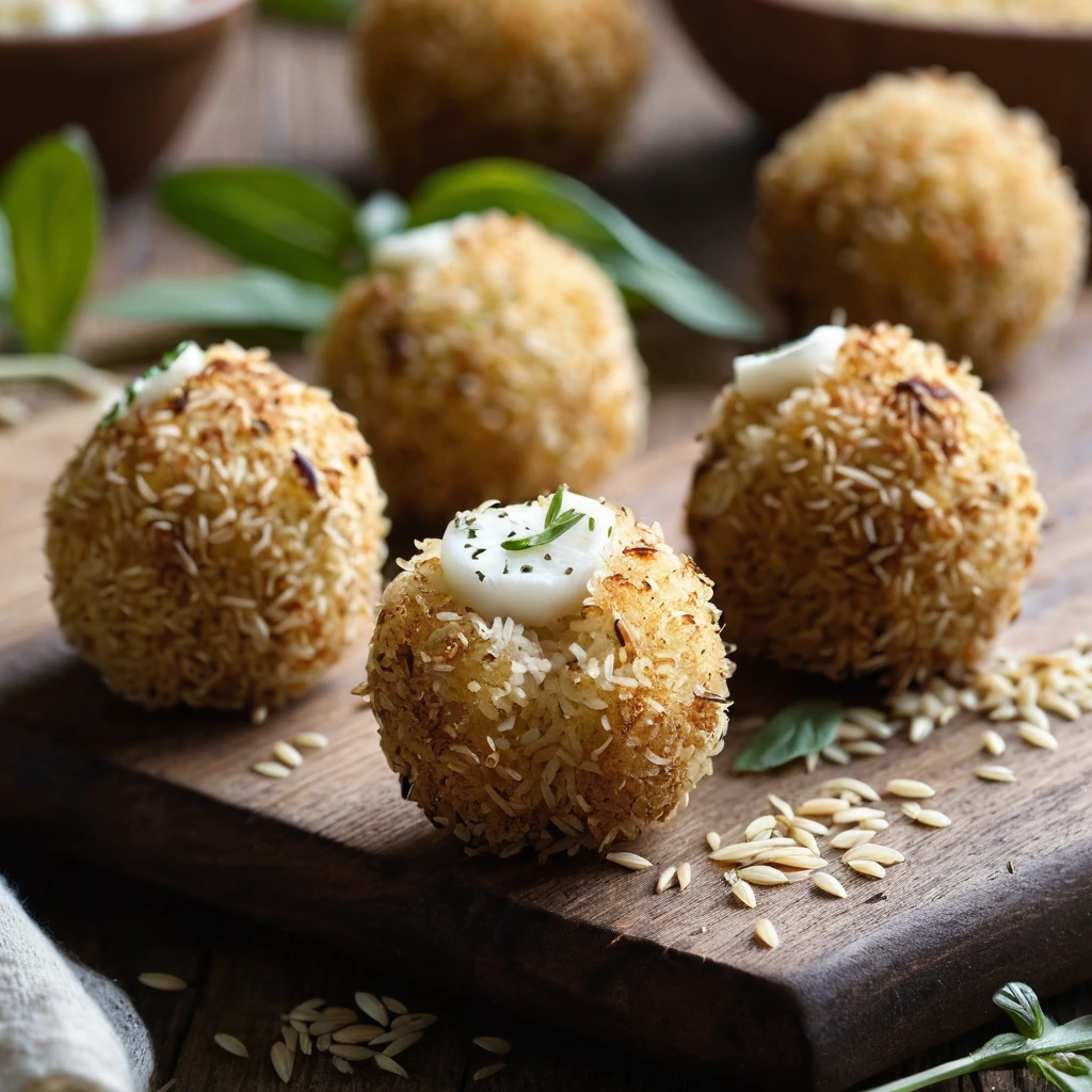 Golden brown rice balls with melted mozzarella centers, dusted with breadcrumbs and served on a rustic wooden board.
