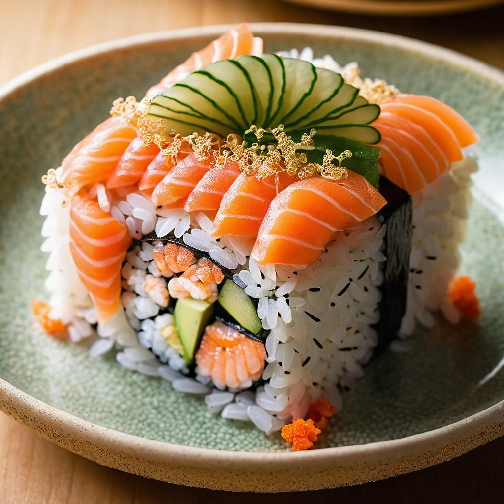 golden bubbly casserole dish with layers of sushi rice, seafood, and melted cheese