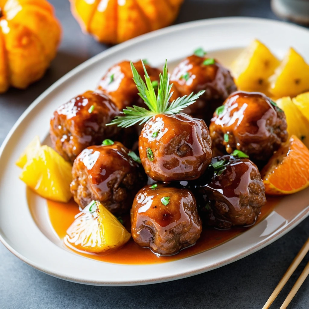 golden brown pork meatballs nestled in a vibrant orange glaze with chunks of pineapple on a serving platter