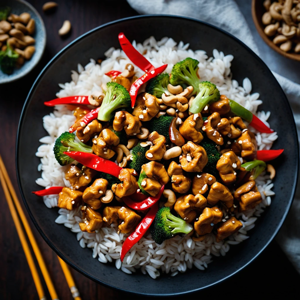 Colorful stir fry with golden cashews and chicken in a glossy red sauce served in a sizzling pan.