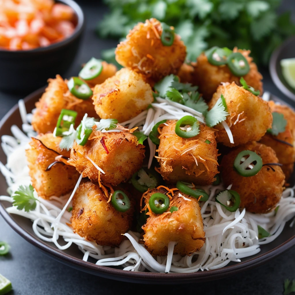 Golden brown tater tots topped with shredded chicken, red drizzle of sweet chili sauce, and green cilantro.