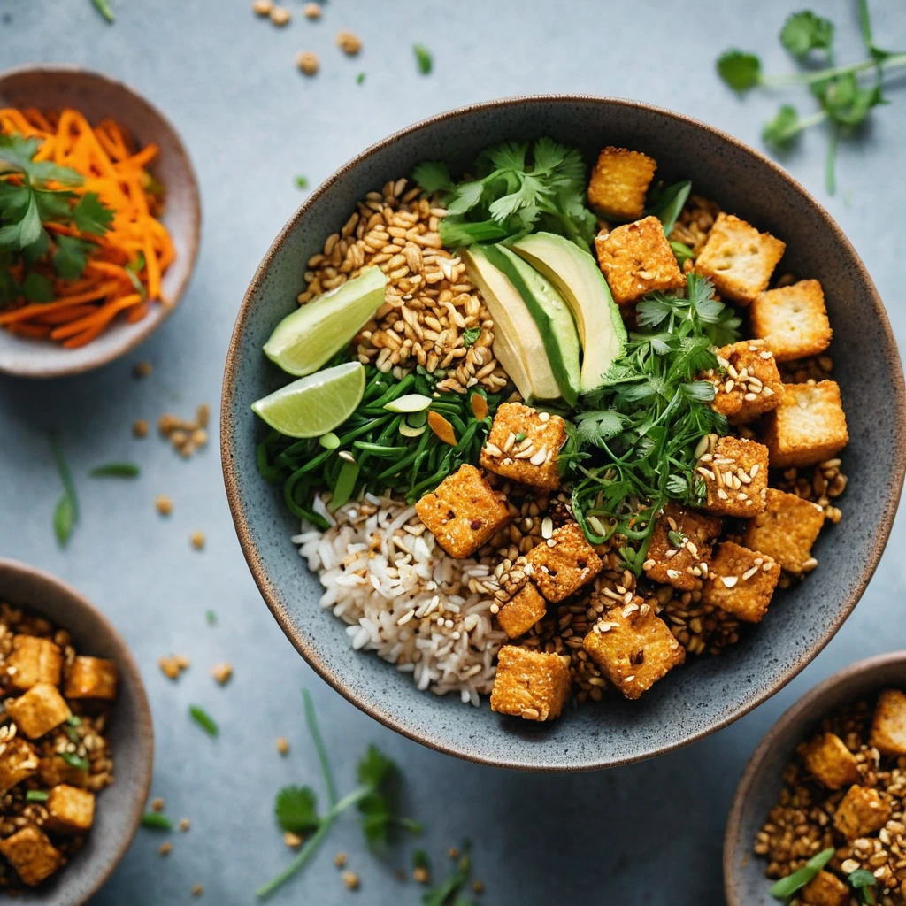 Bowl of mixed grains topped with golden crispy tofu cubes and vibrant green herbs, drizzled with orange sauce.